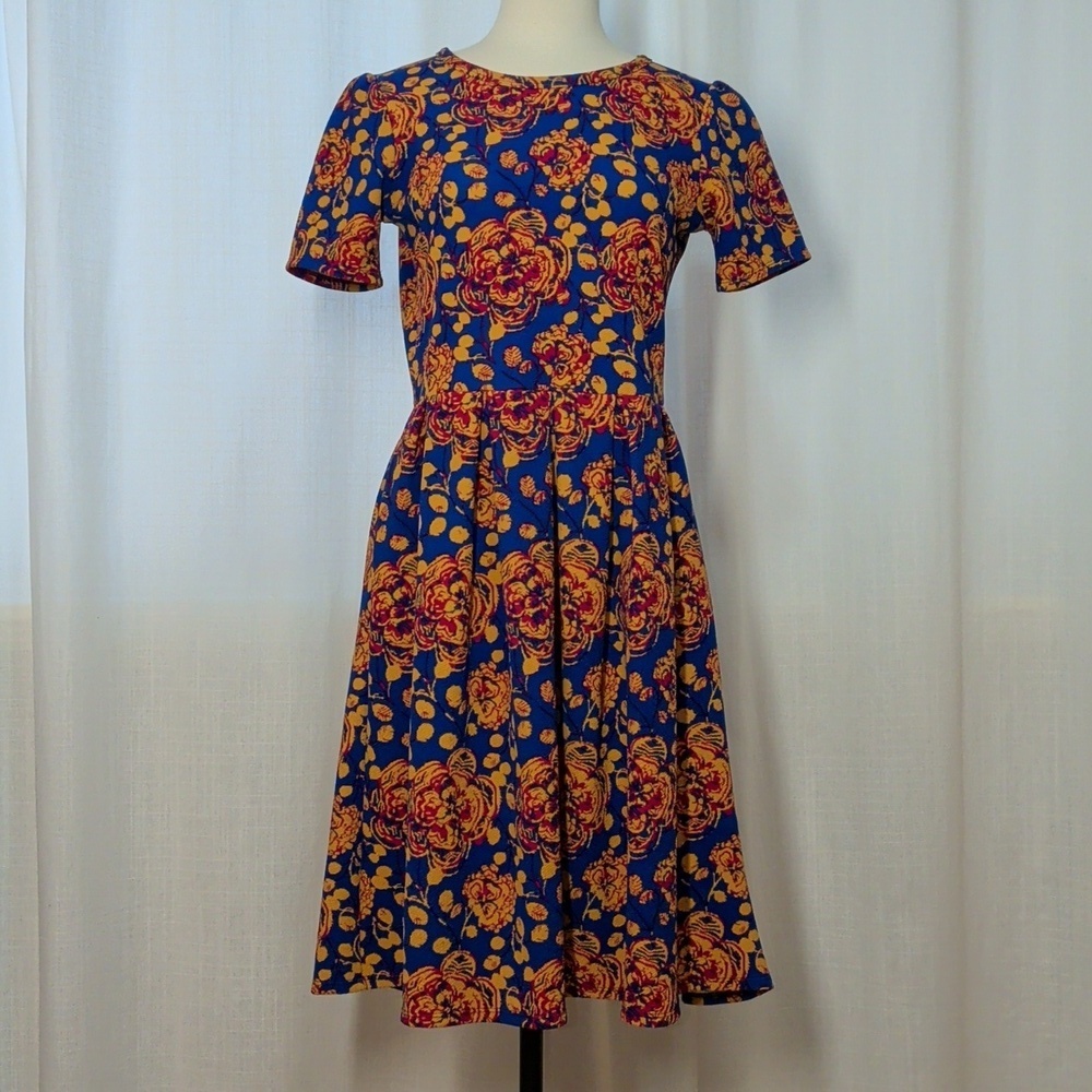 Vibrant Blue & Orange Floral Midi Dress - Pockets!!